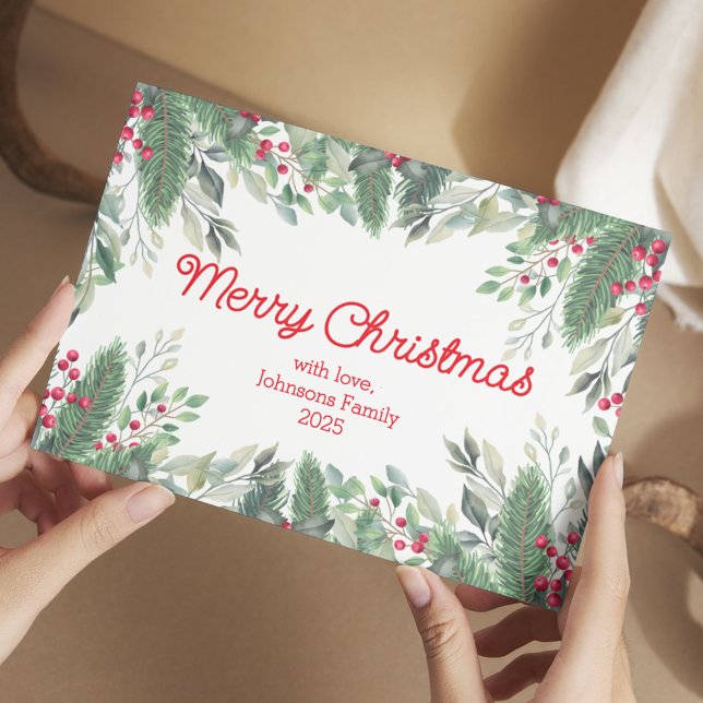 merry christmas watercolor greenery berries red postcard (Creator Uploaded)
