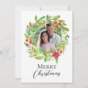 Merry Christmas Watercolor Greenery Couple Photo Holiday Card