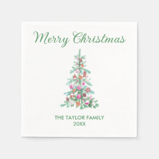 Merry Christmas Watercolor Greenery Tree Paper Napkin