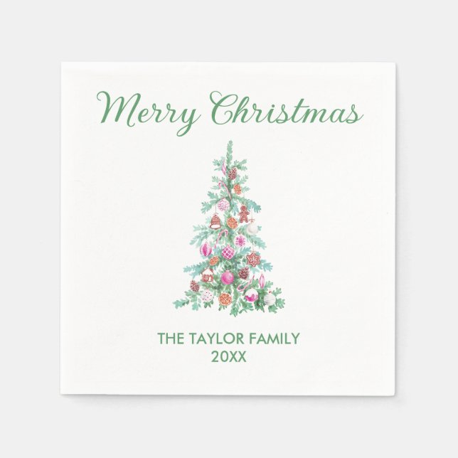 Merry Christmas Watercolor Greenery Tree Paper Napkin (Front)