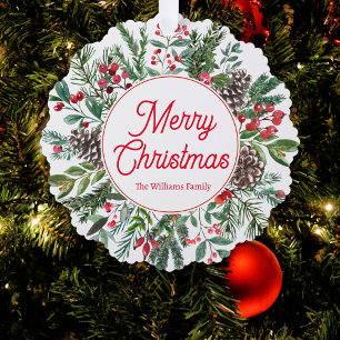 Merry Christmas Watercolor Greenery Wreath Tree Decoration Card