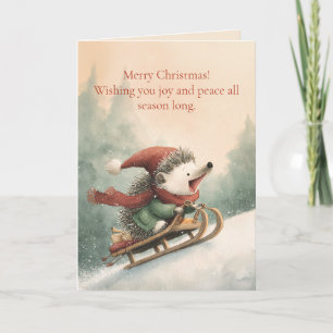 Merry Christmas Watercolor hedgehog  Holiday Card