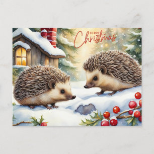 Merry Christmas Watercolor Hedgehogs in the Forest Holiday Postcard