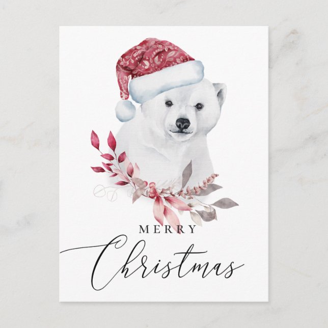 Merry Christmas. Watercolor holiday polar bear Postcard (Front)