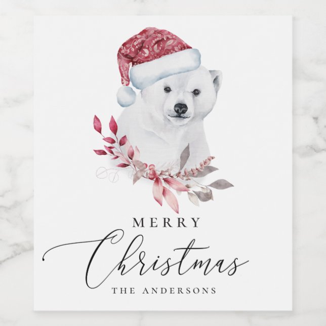 Merry Christmas. Watercolor holiday polar bear Wine Label (Single Label)