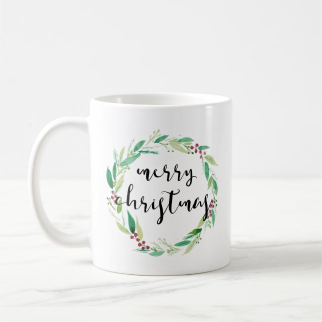 Merry Christmas Watercolor Holiday Wreath Chic Coffee Mug (Left)