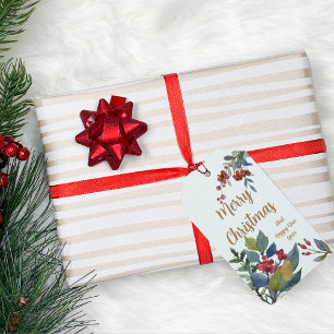 Merry Christmas Watercolor Hollies and Berries Gift Tags