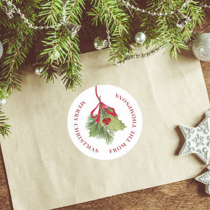 Merry Christmas Watercolor Holly Berries Greenery  Classic Round Sticker