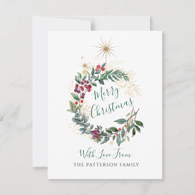 Merry Christmas Watercolor Holly Berry Wreath  Card (Front)