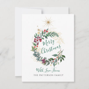 Merry Christmas Watercolor Holly Berry Wreath Card