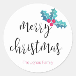 Merry Christmas, watercolor, holly, custom Classic Round Sticker