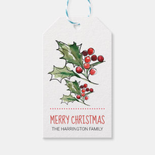 Merry Christmas Watercolor Holly Gift Tags