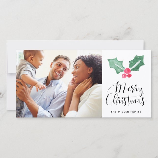 Merry Christmas Watercolor Holly Holiday Photo (Front)