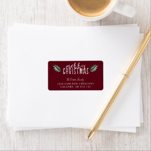 Merry Christmas Watercolor Holly Red chic Label
