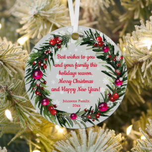 merry christmas watercolor holly wreath snowflakes metal tree decoration