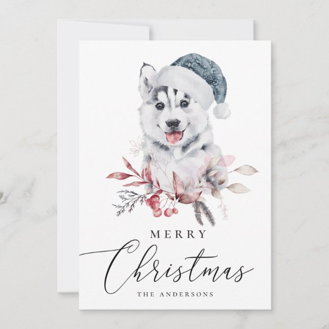 Merry Christmas. Watercolor husky. Cute animal Holiday Card (Front)