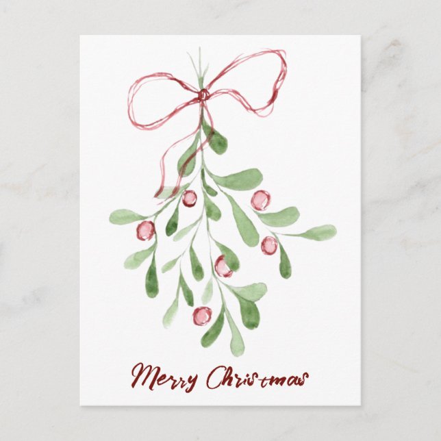 Merry Christmas Watercolor Mistletoe Holiday Postcard (Front)