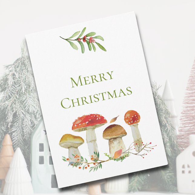 Merry Christmas Watercolor Mushrooms Non-Photo Holiday Card (Merry Christmas Watercolor Mushroom Non-Photo Christmas Card)