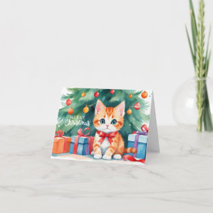Merry Christmas Watercolor Orange Kitten  Card