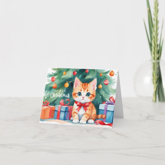 Merry Christmas Watercolor Orange Kitten  Card (Front)
