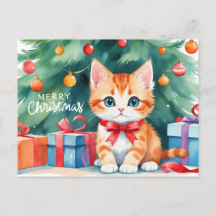 Merry Christmas Watercolor Orange Kitten  Holiday Postcard