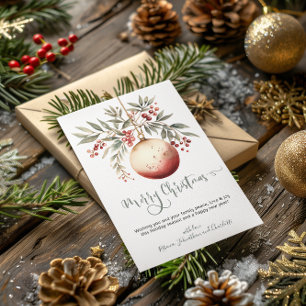 Merry Christmas Watercolor Ornament Holly Berry Holiday Card