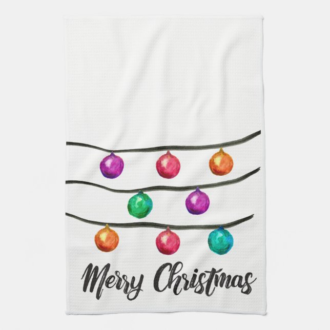 Merry Christmas, Watercolor Ornament Tea Towel (Vertical)