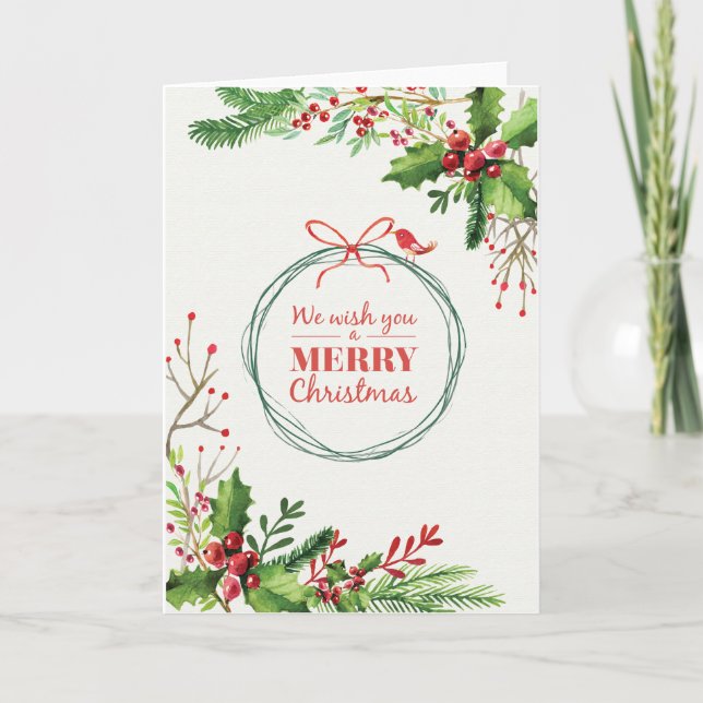 Merry Christmas watercolor painted mistletoe Holiday Card (Front)