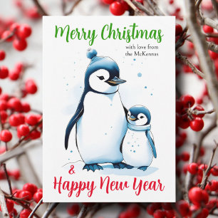 Merry Christmas Watercolor Penguins Christian  Holiday Card