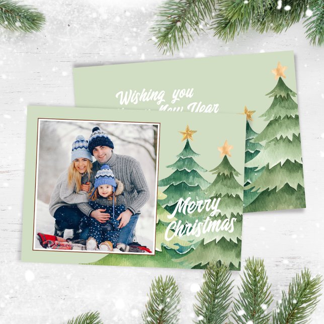 Merry Christmas Watercolor Photo Christmas Trees Holiday Card (Merry Christmas holiday photo card with watercolor Christmas trees. )