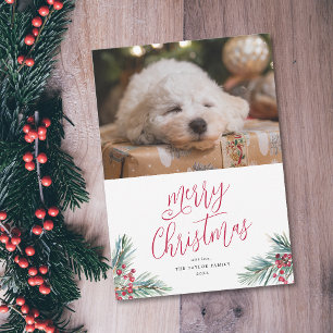 Merry Christmas Watercolor Pine and Berries Holiday Card