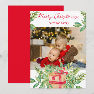 Merry Christmas Watercolor Pine Family Photo Card