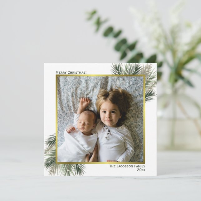Merry Christmas Watercolor Pine Sage & Gold Photo Holiday Card (Standing Front)