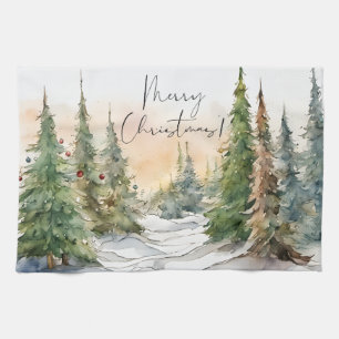 Merry Christmas Watercolor Pine Trees Tea Towel