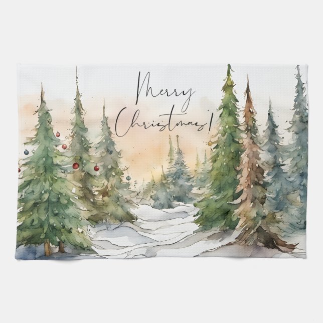 Merry Christmas Watercolor Pine Trees Tea Towel (Horizontal)