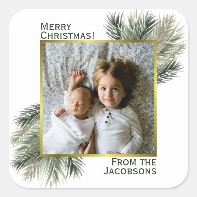 Merry Christmas Watercolor Pine with Photo Square Sticker (Front)