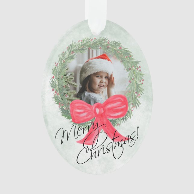 Merry Christmas Watercolor Pine Wreath Photo Frame Ornament (Front)