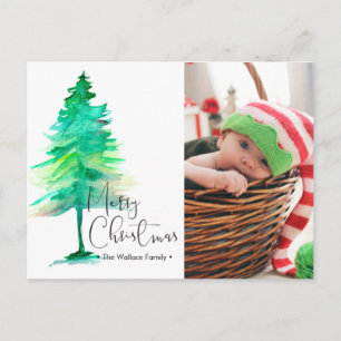 Merry Christmas, Watercolor Pinetree, Photo Holiday Postcard