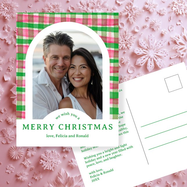 MERRY CHRISTMAS Watercolor Plaid CUSTOM Arch PHOTO Postcard (MERRY CHRISTMAS Watercolor Plaid CUSTOM Arch PHOTO Pink Green Preppy Holiday Postcard
)