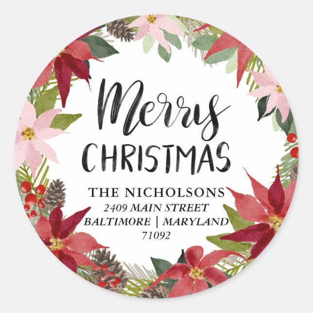 Merry Christmas | Watercolor Poinsettia Address  Classic Round Sticker (Front)