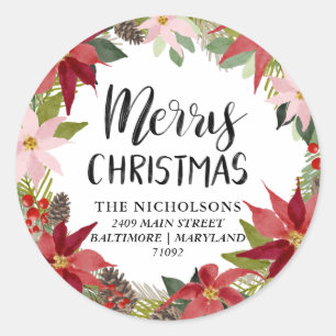 Merry Christmas   Watercolor Poinsettia Address  Classic Round Sticker