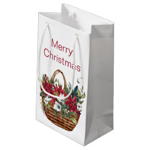 Merry Christmas Watercolor Poinsettia Floral Small Gift Bag