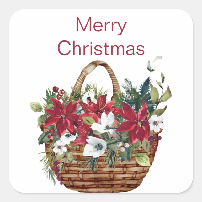 Merry Christmas Watercolor Poinsettia Floral  Square Sticker (Front)