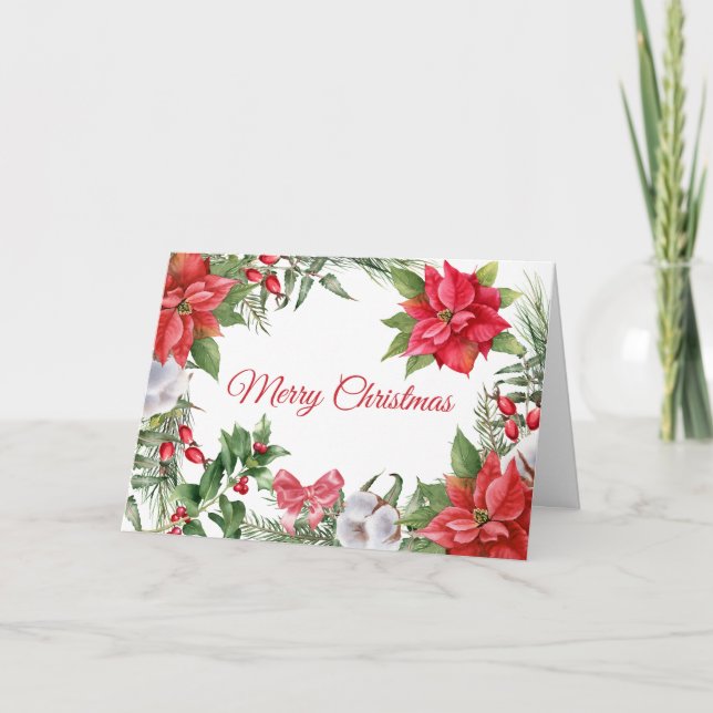 Merry Christmas Watercolor Poinsettia Flowers  Card (Front)