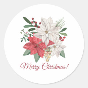 Merry Christmas Watercolor Poinsettia Flowers Classic Round Sticker