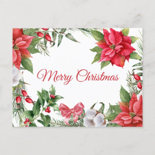 Merry Christmas Watercolor Poinsettia Flowers Holiday Postcard