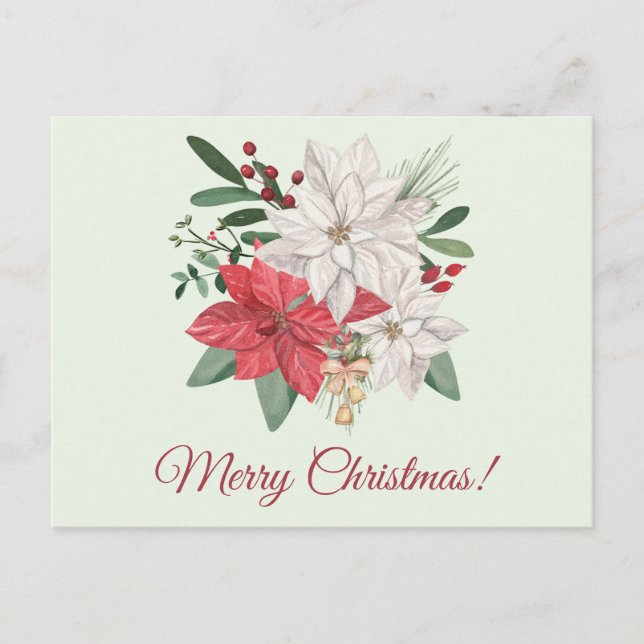 Merry Christmas Watercolor Poinsettia Flowers Holiday Postcard (Front)