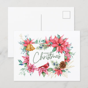 Merry Christmas Watercolor Poinsettia Flowers  Postcard
