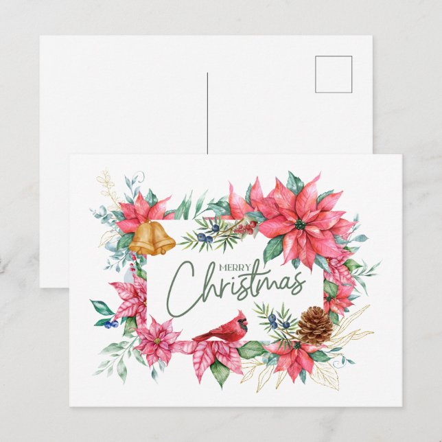 Merry Christmas Watercolor Poinsettia Flowers  Postcard (Front/Back)