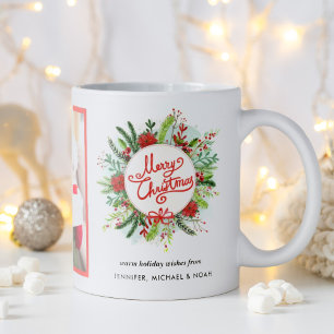 Merry Christmas Watercolor Poinsettia Wreath Photo Coffee Mug